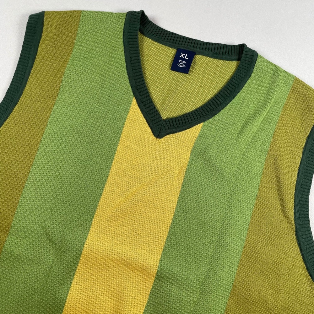 Flan‎ Men's Striped Sweater Vest Sleeveless XL Knit Green Yellow Olive NWOT